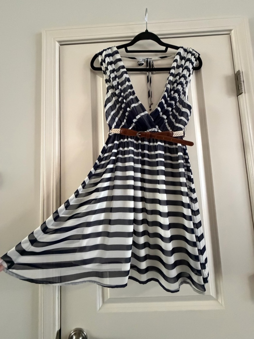 Double Zero Navy and White Striped V-Neck Mini Dress